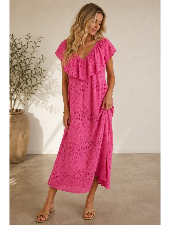 Tuckernuck Dresses & Skirts - Tuckernuck Pink Eyelet Ruffle Midi Dress Cotton Resort Size Small